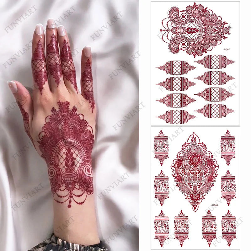 Maroon Henna Tattoo Stickers for Hand | Brown Henna Instant Tattoo for Women | Body Art | Waterproof Temporary Tattoo - Glamour Touch