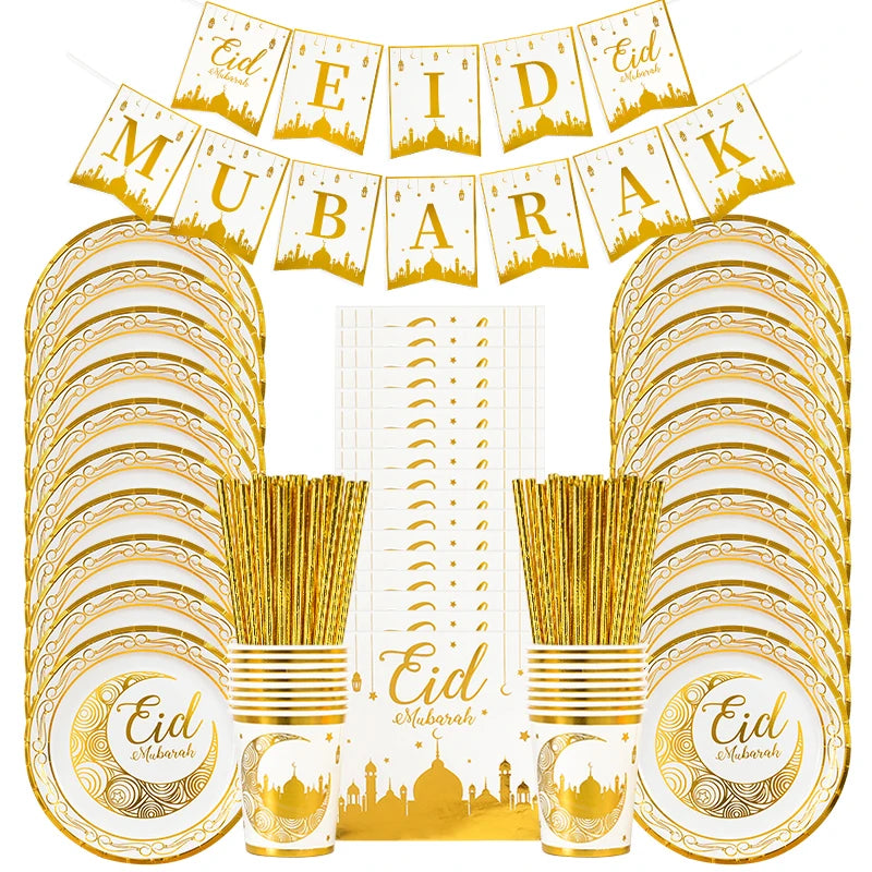 Eid Mubarak Disposable Tableware | Gold Plate Cup | Banner Gift Bags | Islamic Muslim Party Supplies 2024 | Ramadan Kareem Decorations - Glamour Touch