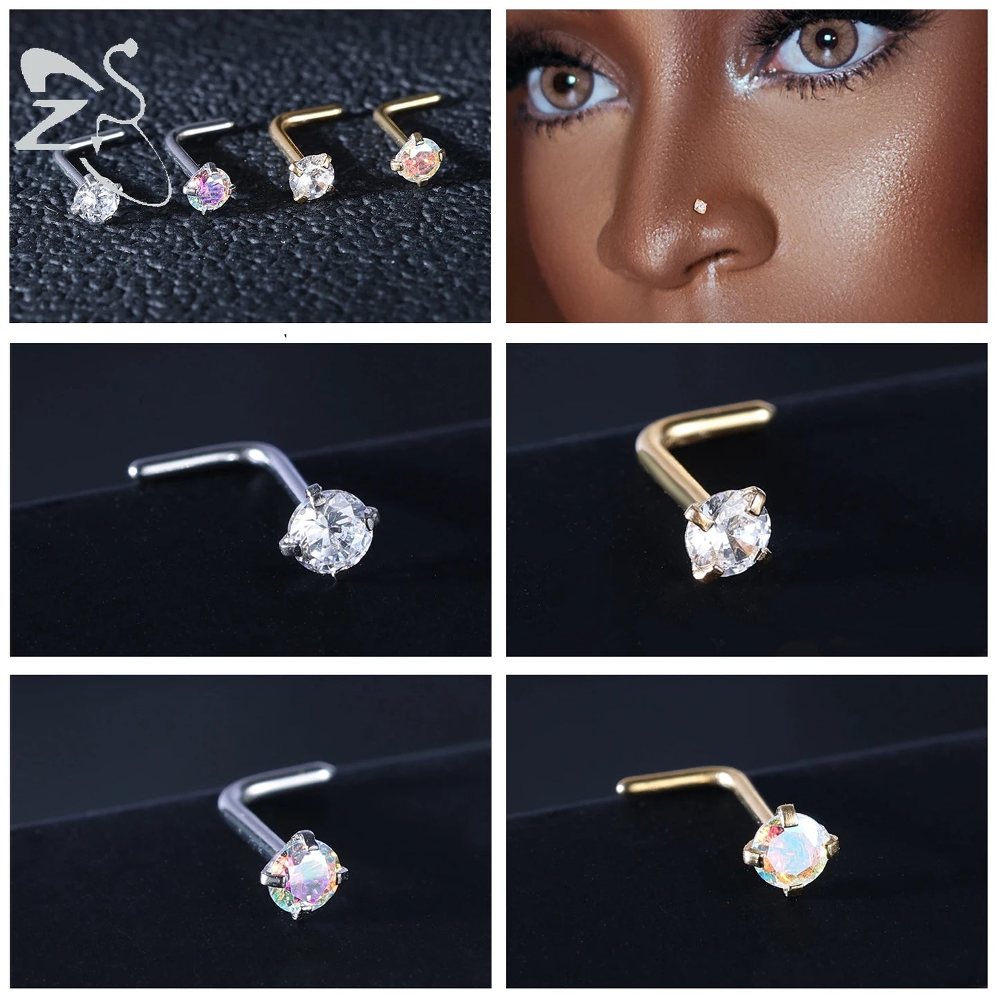 3-4pcs/set Gold Colour Stainless Steel Nose Stud Set - Heart, Star, Round Crystal Nose Piercing, L-Shape Nostril Piercing 18G/20G - Glamour Touch