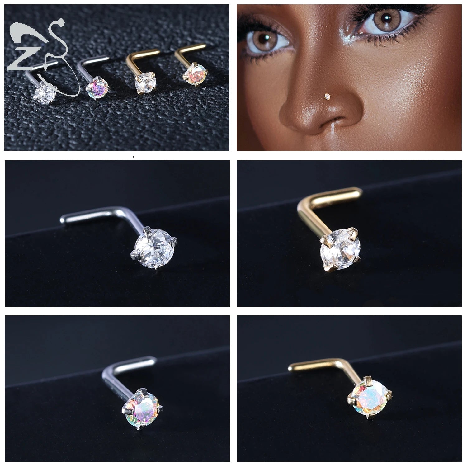 3-4pcs/set Gold Colour Stainless Steel Nose Stud Set - Heart, Star, Round Crystal Nose Piercing, L-Shape Nostril Piercing 18G/20G - Glamour Touch