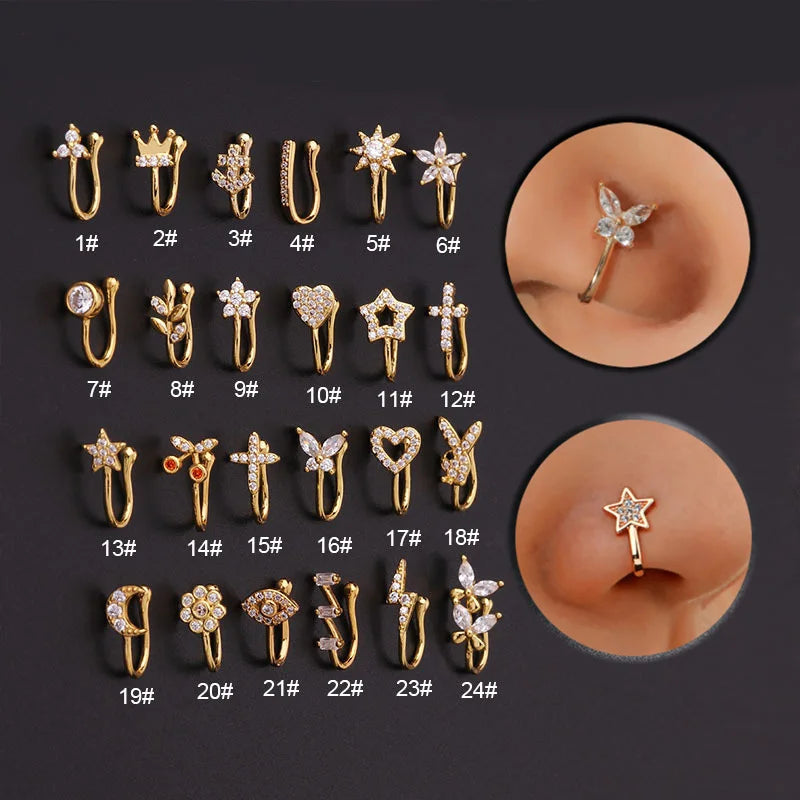 Piercing Clip | Nose Ring Cuff |Body Jewellery for Women | Heart Star Flowers Butterfly Clip - Glamour Touch