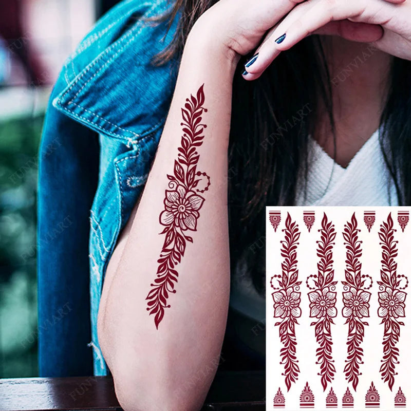 Brown Henna Tattoo Stickers for Foot Hand | Flower Fake Tattoo for Women | Waterproof Temporary Tattoos for Wedding Party / Festivals - Glamour Touch