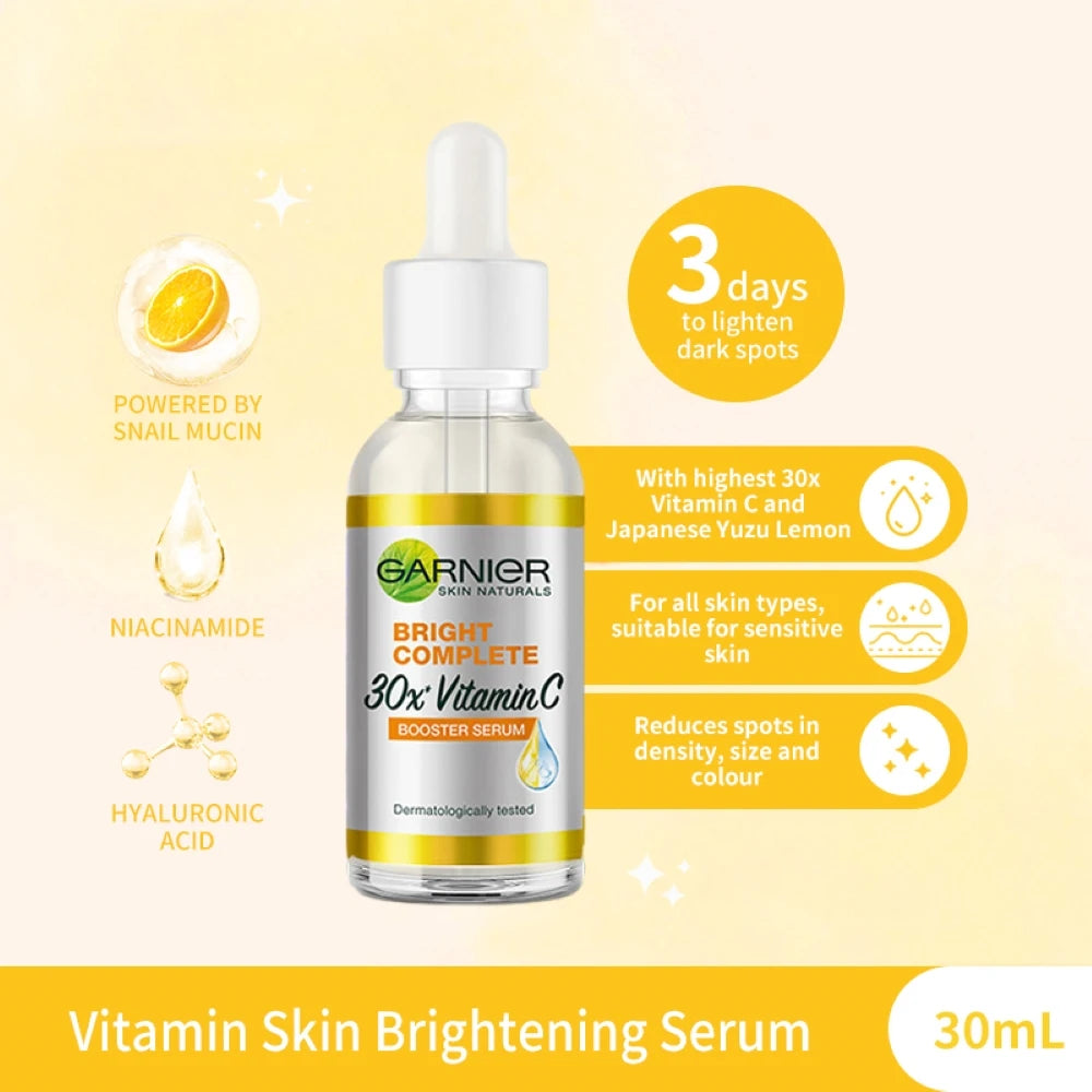 Garnier Bright Complete 30x Vitamin C Niacinamide Booster Serum | Whitening Skin Tone Essence | Fade Acne Marks | Beauty Products 30ml - Glamour Touch