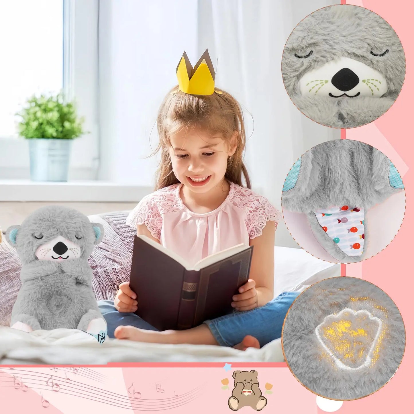 Young girl with the Breathing Bear Baby Otter Plush Toy