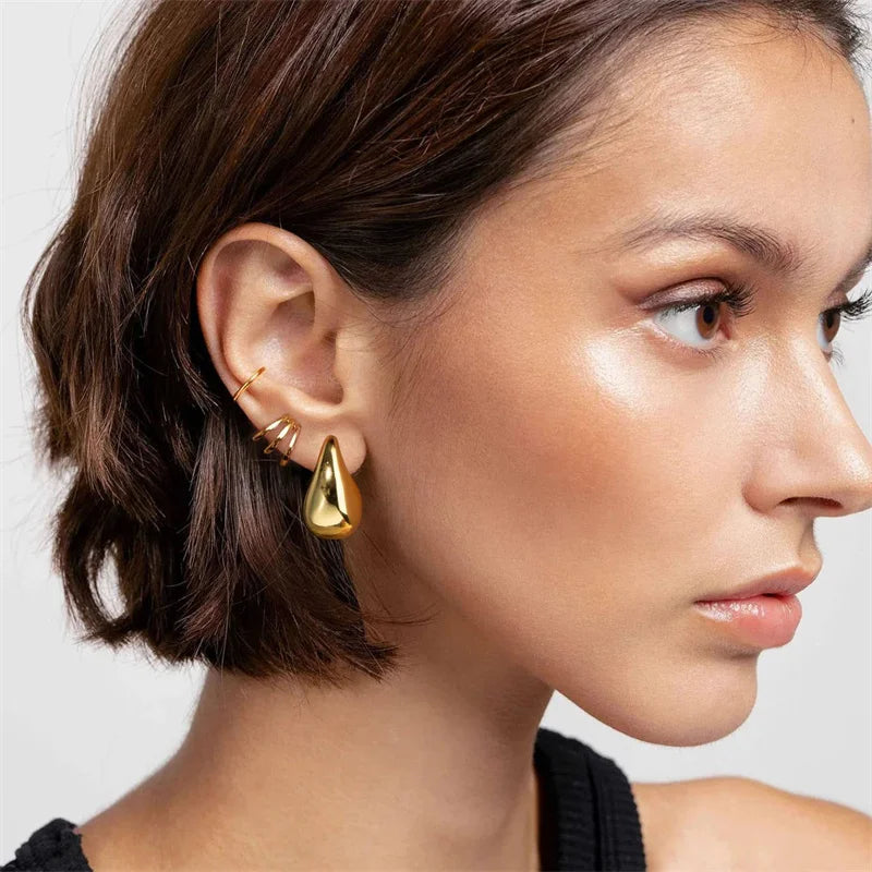 Vintage Gold Plated Chunky Dome Drop Earrings for Women |Glossy Stainless Steel Thick Teardrop Earrings | Dupes Lightweight Hoops - Glamour Touch