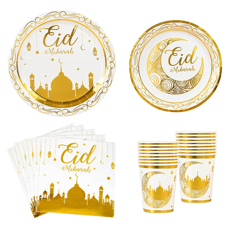 Eid Mubarak Disposable Tableware | Gold Plate Cup | Banner Gift Bags | Islamic Muslim Party Supplies 2024 | Ramadan Kareem Decorations - Glamour Touch