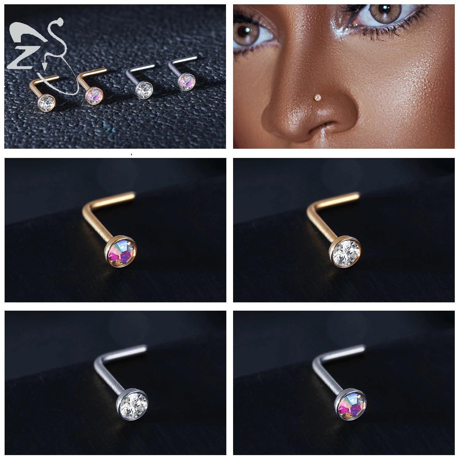 3-4pcs/set Gold Colour Stainless Steel Nose Stud Set - Heart, Star, Round Crystal Nose Piercing, L-Shape Nostril Piercing 18G/20G - Glamour Touch