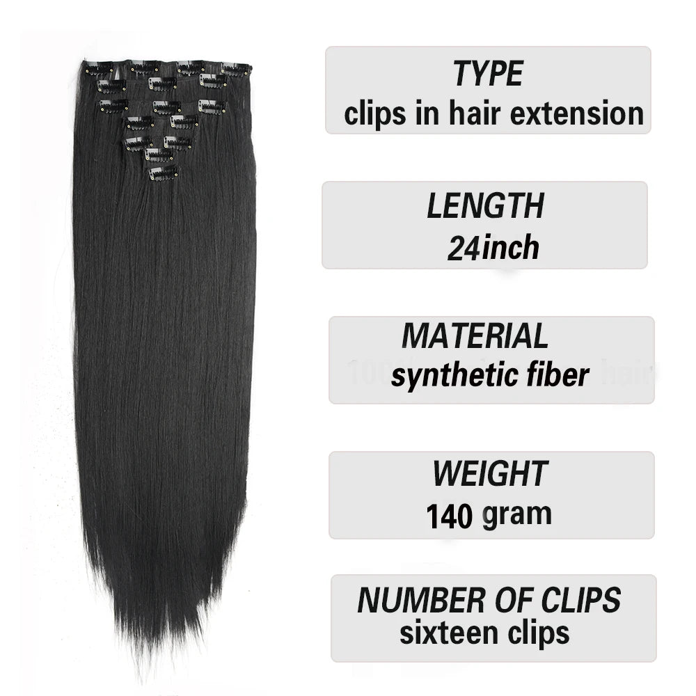 Long Straight Synthetic 16 Clips In Hair Extensions | 7 Pcs/Set High Temperature Fiber | Black Brown Blonde Hairpiece For Women