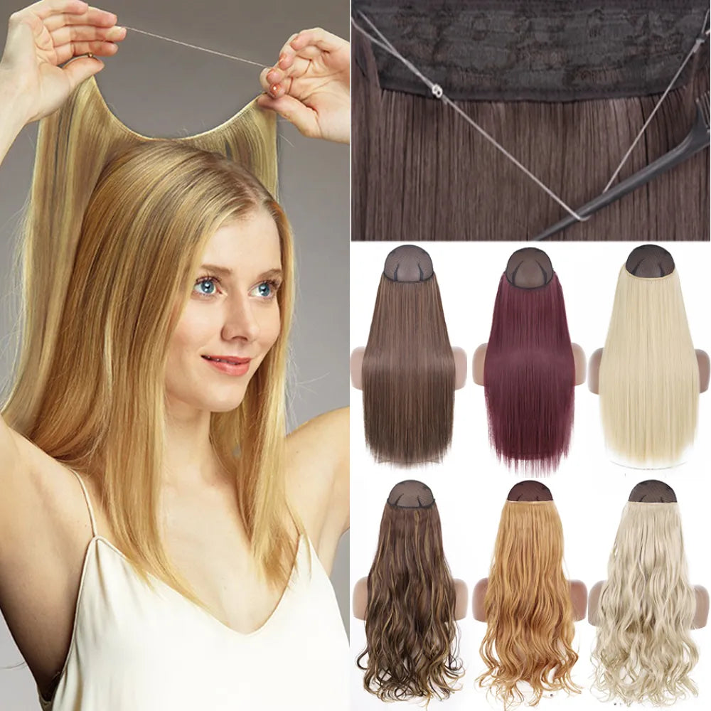 Synthetic 22 inches No Clip Invisible Wire Hair Extensions | Straight Black Blonde One Piece False Hairpiece | Hair Extension - Glamour Touch